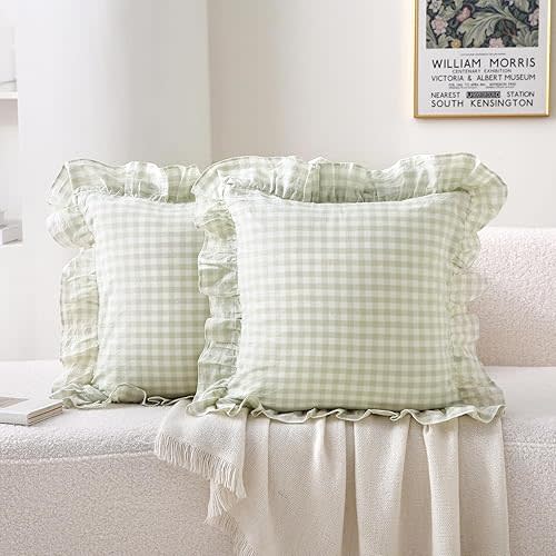 2 Pack Pile Green White Plaid Ruffle Gingham Throw Pillow Covers, 100% Washed Cotton Checkered Farmhouse Decorative Pillow Shams for Bed/Sofa - 18‘’x18''