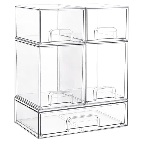 Vtopmart Stackable Storage Drawers Set of 5, Clear Plastic Organizer Bins for Beauty Supplies,Ideal for Vanity, Bathroom,Cabinet,Pantry Organization