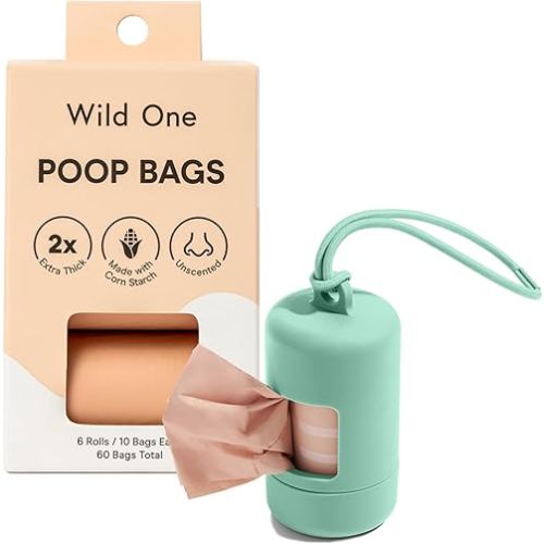 Wild One Dog Poop Bag Holder and Dispenser with Leash Attachment, Leak Proof, Easy Twist Top for Refills, Includes 1 Box Of Bags, Seafoam