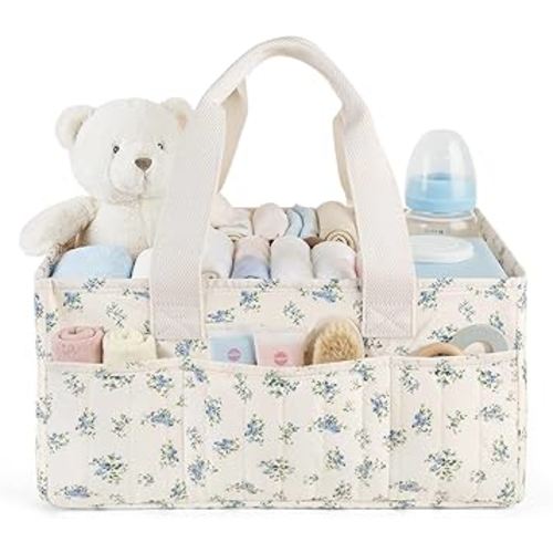 Baby Diaper Caddy Organizer with Portable Changing Mat-Portable Baby Organizers and Storage, Gift for Baby Shower, Baby Essentials Organizer with Removable Dividers (Blue Floral)