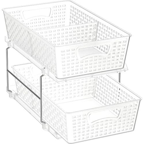 Simple Houseware 2 Tier Bathroom Organizer Tray Pull-Out Sliding Drawer/Under-Sink Storage, Clear