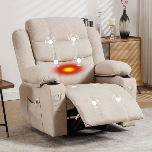 JONPONY Recliner Chair, Wide Rocker Chair, Rocking Chair with Massage and Heat,360°Swivel Nursery Rocking Chairs, Oversized Recliner for Adults, Reclining Sofa with USB Port,Cup Holders, Beige