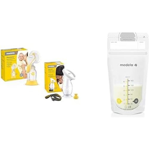 Medela Manual Breast Pump Set - Perfect Pair Bundle, includes Harmony Manual Breast Pump & Breast Milk Storage Bags, 100 Count, Ready to Use Breastmilk Bags for Breastfeeding