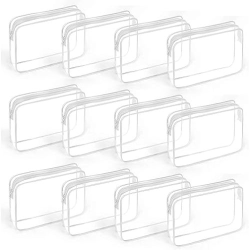 TISRATOK 12 PCS Clear Makeup Bag for Women with Zipper, TSA Approved Toiletry Pouch, Cosmetic Bag Bulk for Travel Organizer Essentials - White,Large