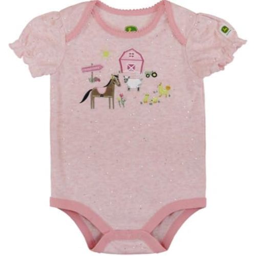 John Deere Infant Pink Sparkle Farm Scene Short Sleeve Bodysuit Sizes 3/6, 6/9 9/12 Months