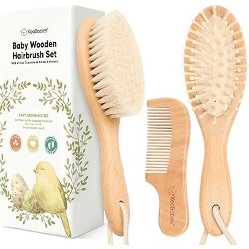 Baby Hair Brush Set for Newborns - Soft Goat Bristle Wooden Baby Brush and Comb Set Newborn Grooming Kit for Cradle Cap, Durable & Gentle, Boy, Girl Infant Essentials Care Kit (Oval, Walnut)