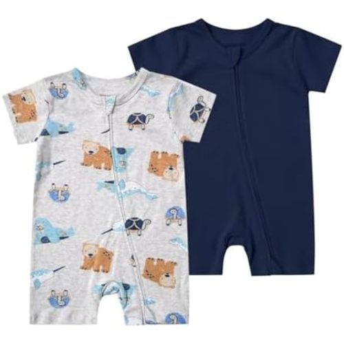 Teach Leanbh Unisex Baby 2 Pack Pajamas Cotton Short Sleeve 2 Way Zipper Printing Soild Romper Jumpsuit Sleep and Play