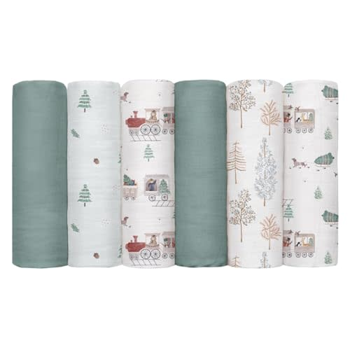 GLLQUEN BABY Receiving Blanket Boy Cotton Muslin Swaddle Blankets Girl Newborn Squares Breathable & Soft Thin Baby Blankets Cloths Double Absorbent Infant Swaddling Wrap - 6 Pack (Pine Tree & Train)