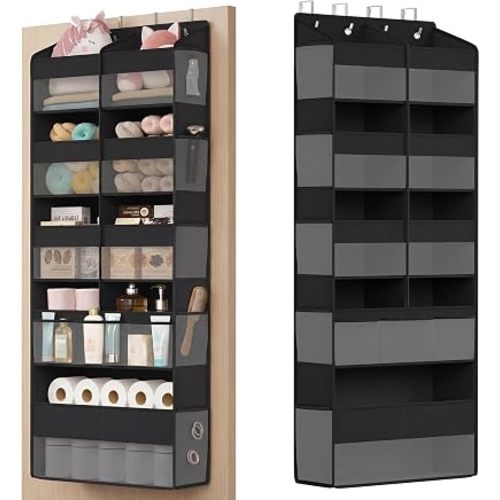 SONGMICS Over-the-Door Organizer, 9-Compartment Door Hanging Storage Shelf, Foldable Closet Hanging Organizer, Heavy-Duty, Metal Hooks, Transparent, Ink Black URDH009BH01