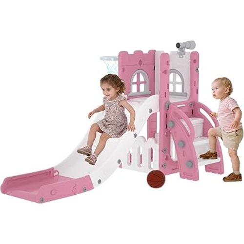 LulliSpace 6 in 1 Toddler Slide,Kids Playset for Toddlers Indoor Outdoor, Baby Slide with Basketball Hoop, Telescope & Storage Space,Non-Slip Steps for Great Gift