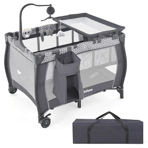 INFANS 3 in 1 Pack and Play, Portable Travel Baby Crib Bassinet with Detachable Mattress, Newborn Changing Table, Foldable Playpen with Carry Bag and 2 Wheels (Cartoon)