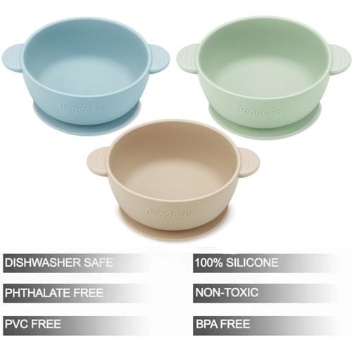 PandaEar 3 Pack Baby Bowls with Suction| Stay Put Silicone Food Bowl for Babies Kids Toddlers Infants| Food Grade Soft Safe BPA-Free Silicone (Blue Green Linen)