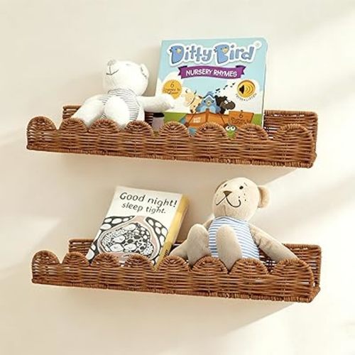 Natural Rattan Scalloped Floating Shelves, Eco-Friendly Wall Mounted Nursery Bookshelf, Durable & Handcrafted Storage Decor, Set of 2 (Brown)