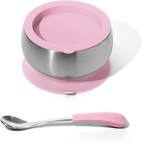 Avanchy Stainless Steel Baby Bowl with Spoon, Storage Lid and Removable Silicone Suction Base – Non-Toxic, BPA-Free Feeding Bowl for Babies and Toddlers