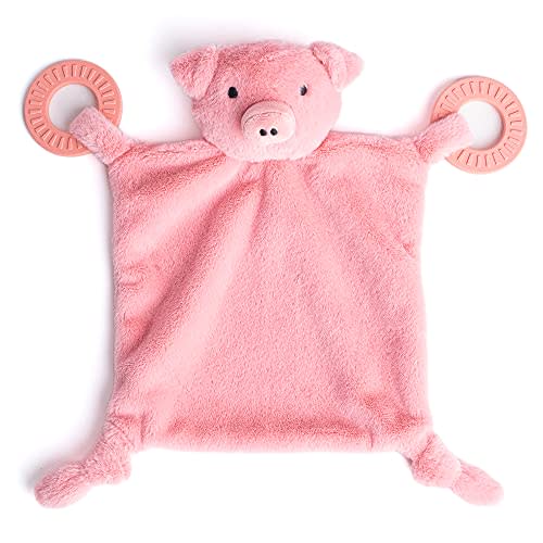 Bella Tunno Teether Buddy – Soft, Plush Baby Lovey with Textured Baby Teether Toy and Gentle Rattling Head, Comforts and Brings Teething Relief, Colorful Animal-Themed Baby Teething Toys (Pig)