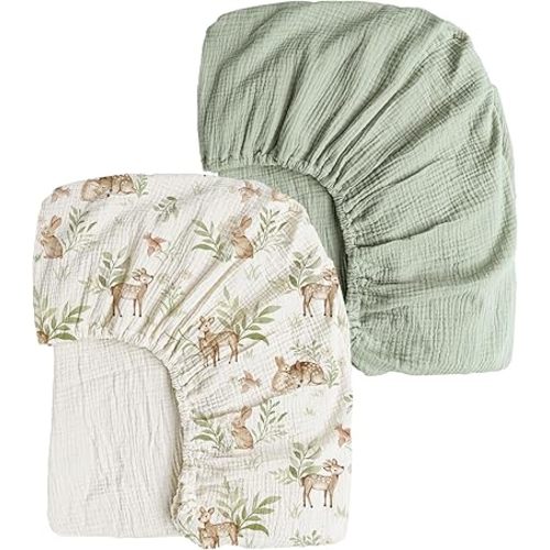 Konssy Muslin Crib Sheets 2 PCS, 100% Cotton Baby Crib Sheets for Standard Crib Mattress (28"x 52"), Soft and Breathable for Boys, Girls (Woodland,Sage)