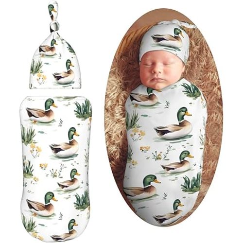 KiuLoam Cute Mallard Ducks Swimming Swaddle Blanket with Beanie Hat Set Newborn Receiving Blankets Baby Swaddle Wrap Soft Sleep Sack for Baby Boys and Girls