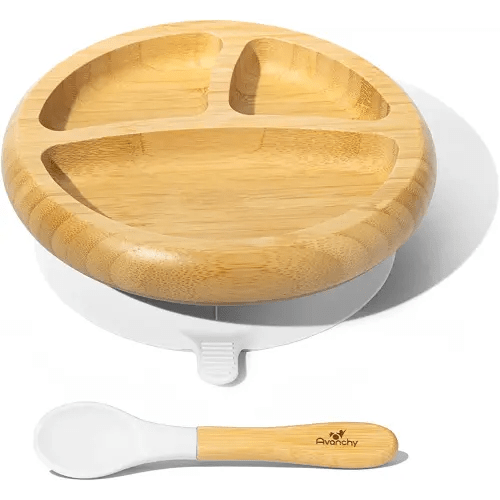 Avanchy Baby Plates Divided Bamboo with Suction for Babies Kids Toddler Food with Silicone Spoon for Feeding (White)