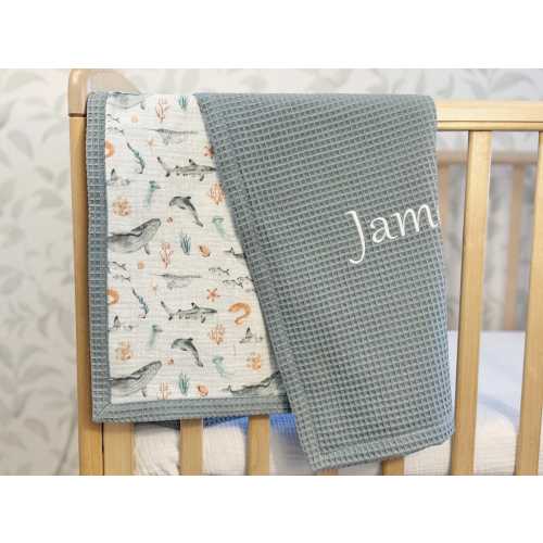 Sea themed Newborn waffle blanket personalized Premium baby shower gift name blanket 100% cotton organic swaddle