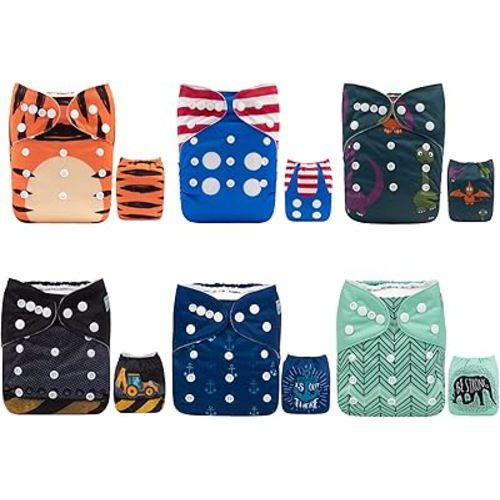 ALVABABY Baby Cloth Diaper 6 Pack with 12 Inserts One Size Cloth Diaper Covers Adjustable Washable Reusable for Baby Girls and Boys