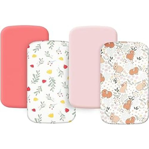 4 Pack Bassinet Sheets 21" x 35", Compatible with Amke, Ezebaby, Evolur Stellar and Mereryi Baby Bassinet, Soft and Skin-Friendly, Pink and Rabbit