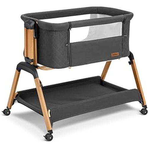 Bassinet Bedside Sleeper, Rocking Bassinets with Comfy Mattress and Wheels for Newborn, 5-Height Adjustable (Black)