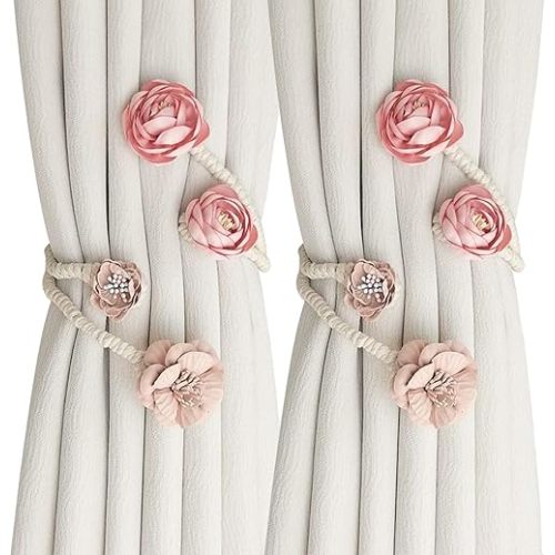 Boho Flower Curtain tie Backs Handmade Curtains tiebacks Curtain Holder Tie Backs for Curtains Braided,Cute Flower Curtain Ties Decorative Rope for Bedroom Window Treatment (Pink)