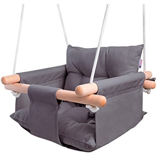 CaTeam - Canvas Baby Swing, Wooden Hanging Swing Seat Chair with Safety Belt, Durable Baby Hammock Chair, Outdoor and Indoor Swing for Kids, Mounting Hardware Included, Dark Gray