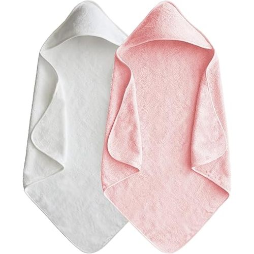 Baby Hooded Towels 31.5 * 31.5" Bath Towel for Newborn Toddler Infant Shower Gifts Ultra Absorbent Soft Bathrobe Blanket Boys and Girls (White Pink)