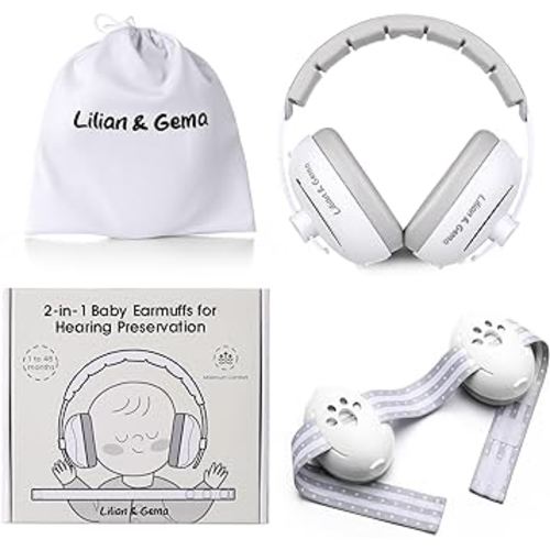 Lilian&Gema 2-in-1 Baby Ear Muffs Noise Protection, Adjustable Headphones with Stretchy Band, Noise Cancelling for Toddler up to 4 Years, Airplane Essentials/Outdoor, White