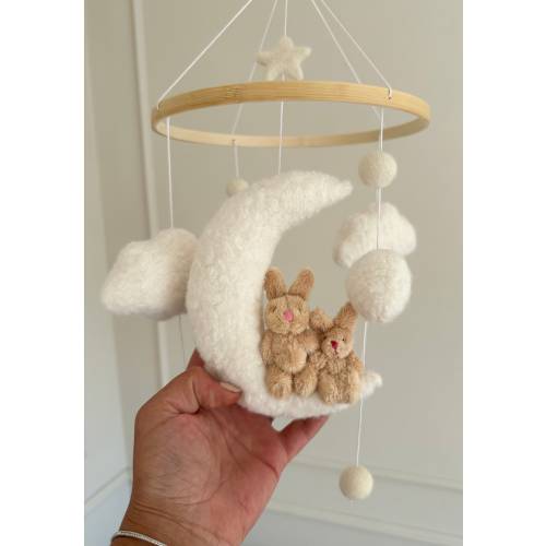 Handmade Bunny Cot Mobile: Boucle Cloud and Moon Nursery Decor. BUNNY LOVE