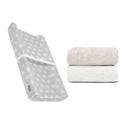 Contoured Changing Pad w/Cover (Gray, Cloud) + Replacement Covers - 2 pk (Off White & Oatmilk, Wave)