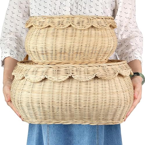 2pcs Hand Woven Rattan Scallopped Baskets with Lid, Small Rattan Basket, Decorative Wicker Storage Baskets, Storage Basket for Living Room, Bathroom, Bedroom, Food, Bread, Picnic