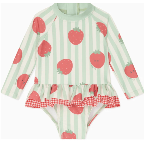 Strawberry and Green Stripe Frill Long Sleeve Swimsuit 3-6 Months - MORI Swim | Maisonette