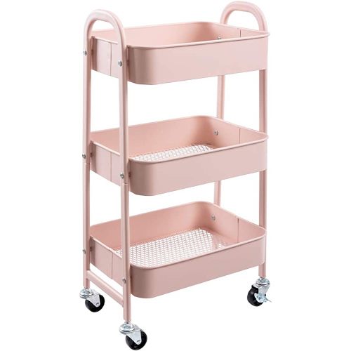 AGTEK Makeup Cart, Movable Rolling Organizer Cart, 3 Tier Metal Utility Cart, Rosiness