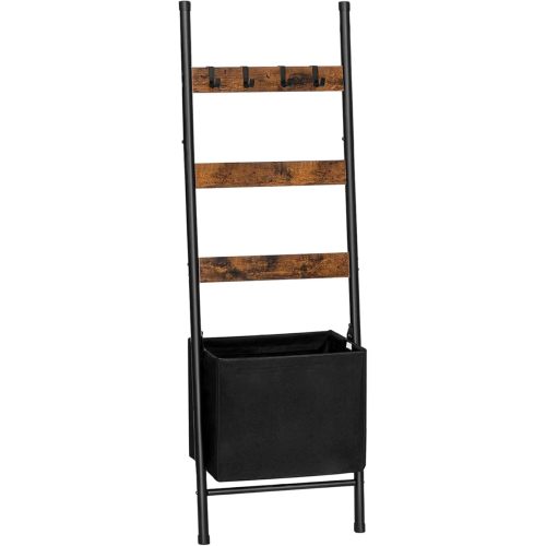 HOOBRO Blanket Ladder with Basket, 17.3”L x 63.4”H, Towel Rack with Hooks, Blanket Holder Rack, Decorative Ladder Shelf, Drying and Display Rack for Bathroom, Living Room, Rustic Brown BF31CJ01