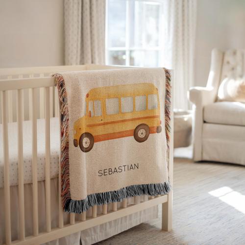 Personalized School Bus Baby Blanket, Custom Name Yellow Bus Throw for Kids, Back to School Nursery Bedding, Teacher Baby Shower Gift