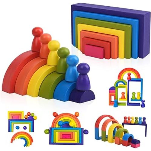 Wooden Toys, Montessori Toys for Kids 3 4 5 6+Years Old Boys Girls Rainbow Stacking Blocks Set Preschool Activites Educational Toy Gifts for Toddler-19PCS