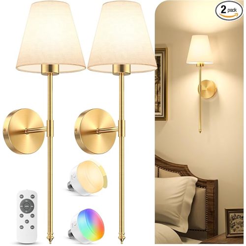 VOLISUN Battery Operated Wall Sconces Set of Two, Wireless Wall Sconces with Remote and Dimmable Bulbs, 9 Colors Battery Powered Wall Lights, Gold Rechargeable Wall Lamps for Bedroom (23.6 inch)