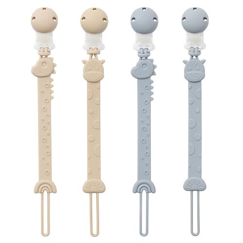 Pacifier Clips for Baby Boys Girls, One-Piece Silicone Pacifier Holder Strap 4 Pack, Binky Paci Clips Animal Rainbow Design, Lightweight Break-Resistant, Dishwasher Safe-Ivory+Baby Blue