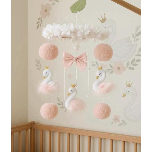 Swan Baby Mobile for Crib Girl–Pink Nursery Mobile–Felt Swan Cot Mobile–Princess Baby Shower Gift– Boho Baby Room Decor–Elegant Baby  Mobile