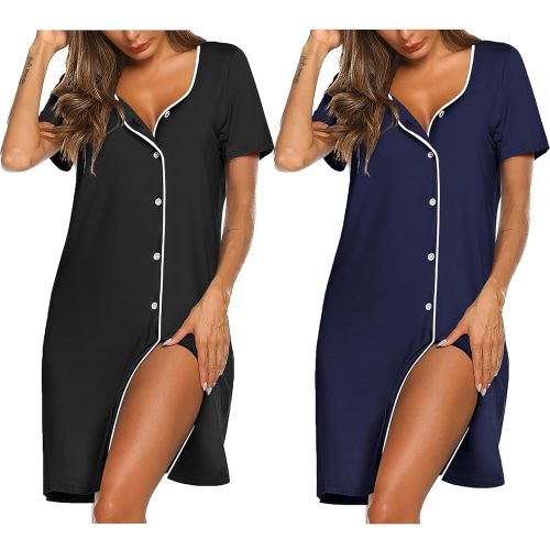 Ekouaer Nightgowns for Women 2 Pack Button Down Sleepshirt Short Sleeve Nightshirt Soft Sleepwear V Neck Pajama Dress