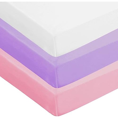 AMROSE 3 Pack Heavenly Soft Crib Sheets for Baby Boys, 28'' X 52'' Fitted Crib Sheets for Crib and Toddler Mattress Pad, Silk Touch Gentle Breathable Microfiber, White & Pink & Purple