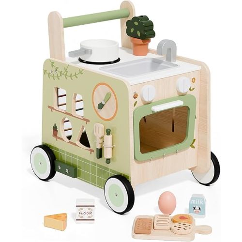 Green Baby Walker 6-in-1 Activity Center with Kitchen, Shape Sorter, Gears, Clock & Microwave - Ideal for Toddlers 12 Months+