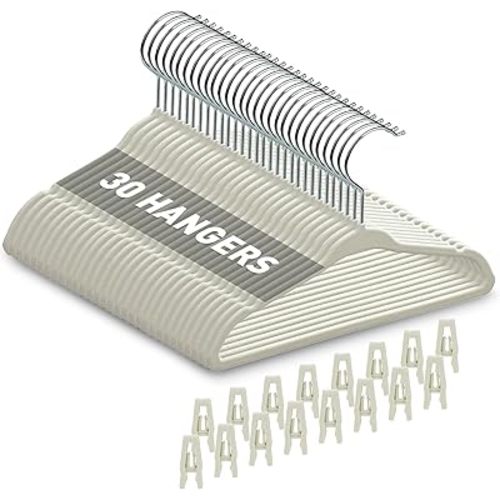 Velvet Baby Hangers with Clips (30 Pack) | 11” Ultra-Slim Baby Clothes Hangers | Non-Slip Felt | Space-Saving Nursery & Infant Closet Organizer | Beige