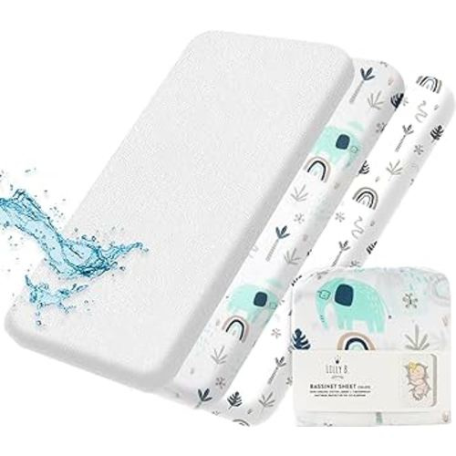 Lilly B. Organic GOTS Set Fitted Sheets 2+1 Waterproof Protector fits All Shapes up to 17x33 Certified by GOTS & OEKOTEX Neutral Gender for All bassinets (Elephant)