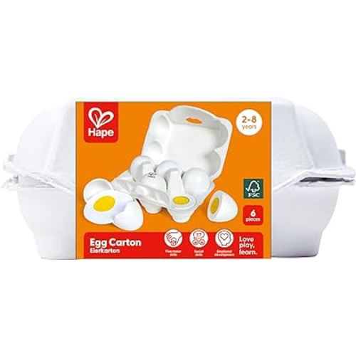 Hape Egg Carton Kitchen Toys Children Play Game Food Toy for Kids Early Development, Learning (3Pcs Hard-Boiled Eggs & 3Pcs Fried Eggs)