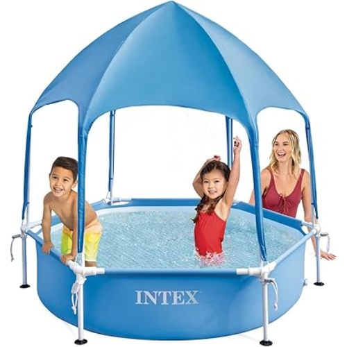 INTEX 28209EP 6ft x 15in Canopy Metal Frame Above Ground Kiddie Baby Swimming Pool with Built-in Canopy Sprayer, Puncture-Resistant Material, Easy to Assemble, 185 Gallon Capacity