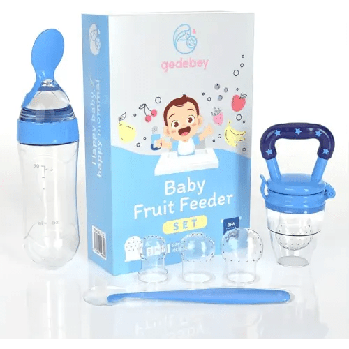 Baby Fruit Food Feeder Pacifier - 3 Pack | 1 Fruit Teethers for Babies & 1 Silicone Bottle Spoon & 1 Silicoe Spoon | Baby Silicone Feeder Pacifier | Teething Feeder | Feeding Pacifier | Teether (Blue)