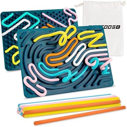 Sensory Activity Board, Double-Sided Silicone Sensory Fidget Toy with 15 Strings for Autism, Stress, Anxiety, Calming, Focus, No Mess, ADHD & Silent, for Kids 3+ & Adults with Portable Travel Bag